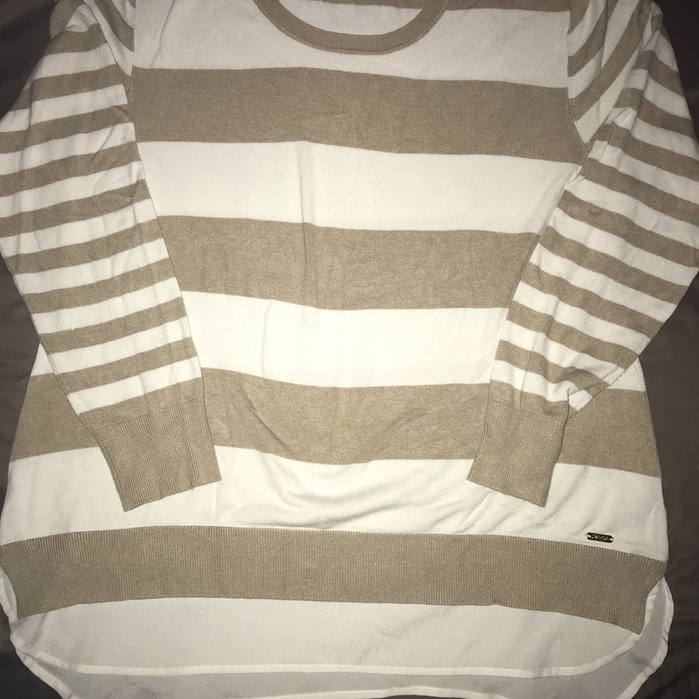 Calvin Klein Tan and White Striped Dress Blouse